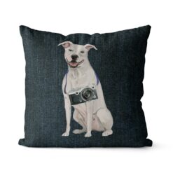 American Staffordshire terrier dog Inspired Denim Style Throw Pillow Cushion - Travel collection 15 Adventure is out there cushion American Staffordshire terrier Dark Denim front view