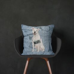 American Staffordshire terrier dog Inspired Denim Style Throw Pillow Cushion - Travel collection 13 Adventure is out there cushion American Staffordshire terrier Faded Ephemera Denim black chair