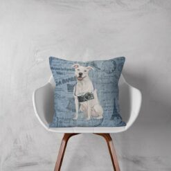 American Staffordshire terrier dog Inspired Denim Style Throw Pillow Cushion - Travel collection 11 Adventure is out there cushion American Staffordshire terrier Faded Ephemera Denim white chair