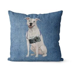American Staffordshire terrier dog Inspired Denim Style Throw Pillow Cushion - Travel collection 14 Adventure is out there cushion American Staffordshire terrier Gently Faded Denim front view