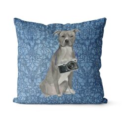 American Staffordshire terrier grey dog Inspired Denim Style Throw Pillow Cushion - Travel collection 19 Adventure is out there cushion American Staffordshire terrier grey Bleached Damask Denim front view