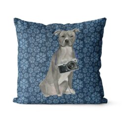 American Staffordshire terrier grey dog Inspired Denim Style Throw Pillow Cushion - Travel collection 18 Adventure is out there cushion American Staffordshire terrier grey Daisy Denim front view