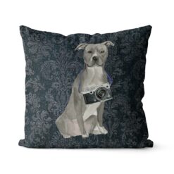 American Staffordshire terrier grey dog Inspired Denim Style Throw Pillow Cushion - Travel collection 17 Adventure is out there cushion American Staffordshire terrier grey Dark Damask Denim front view