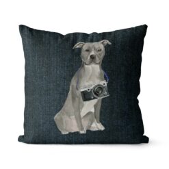 American Staffordshire terrier grey dog Inspired Denim Style Throw Pillow Cushion - Travel collection 16 Adventure is out there cushion American Staffordshire terrier grey Dark Denim front view