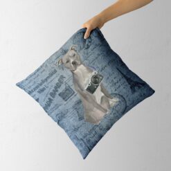 American Staffordshire terrier grey dog Inspired Denim Style Throw Pillow Cushion - Travel collection 13 Adventure is out there cushion American Staffordshire terrier grey Faded Ephemera Denim holding in hand