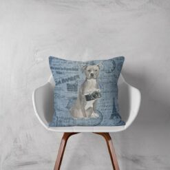 American Staffordshire terrier grey dog Inspired Denim Style Throw Pillow Cushion - Travel collection 12 Adventure is out there cushion American Staffordshire terrier grey Faded Ephemera Denim white chair