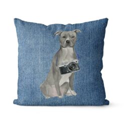 American Staffordshire terrier grey dog Inspired Denim Style Throw Pillow Cushion - Travel collection 15 Adventure is out there cushion American Staffordshire terrier grey Gently Faded Denim front view