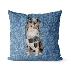 Australian Shepherd dog Inspired Denim Style Throw Pillow Cushion - Travel collection 20 Adventure is out there cushion Australian Shepherd Bleached Damask Denim front view
