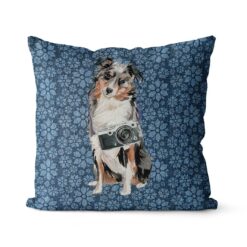 Australian Shepherd dog Inspired Denim Style Throw Pillow Cushion - Travel collection 19 Adventure is out there cushion Australian Shepherd Daisy Denim front view