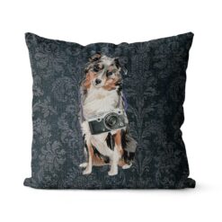 Australian Shepherd dog Inspired Denim Style Throw Pillow Cushion - Travel collection 18 Adventure is out there cushion Australian Shepherd Dark Damask Denim front view