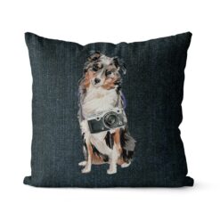 Australian Shepherd dog Inspired Denim Style Throw Pillow Cushion - Travel collection 17 Adventure is out there cushion Australian Shepherd Dark Denim front view