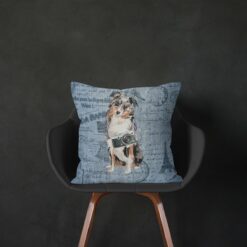 Australian Shepherd dog Inspired Denim Style Throw Pillow Cushion - Travel collection 14 Adventure is out there cushion Australian Shepherd Faded Ephemera Denim black chair