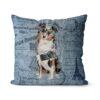 Australian Shepherd dog Inspired Denim Style Throw Pillow Cushion - Travel collection 2 Adventure is out there cushion Australian Shepherd Faded Ephemera Denim front view