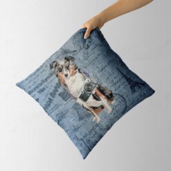 Australian Shepherd dog Inspired Denim Style Throw Pillow Cushion - Travel collection 13 Adventure is out there cushion Australian Shepherd Faded Ephemera Denim holding in hand