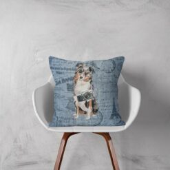 Australian Shepherd dog Inspired Denim Style Throw Pillow Cushion - Travel collection 12 Adventure is out there cushion Australian Shepherd Faded Ephemera Denim white chair