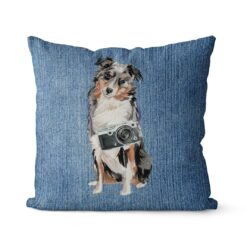Australian Shepherd dog Inspired Denim Style Throw Pillow Cushion - Travel collection 16 Adventure is out there cushion Australian Shepherd Gently Faded Denim front view