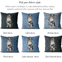 Australian Shepherd dog Inspired Denim Style Throw Pillow Cushion - Travel collection 15 Adventure is out there cushion Australian Shepherd variations