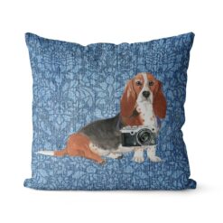 Basset Hound dog Inspired Denim Style Throw Pillow Cushion - Travel collection 20 Adventure is out there cushion Basset Hound Bleached Damask Denim front view