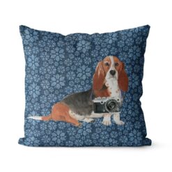 Basset Hound dog Inspired Denim Style Throw Pillow Cushion - Travel collection 19 Adventure is out there cushion Basset Hound Daisy Denim front view