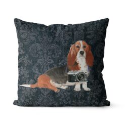 Basset Hound dog Inspired Denim Style Throw Pillow Cushion - Travel collection 18 Adventure is out there cushion Basset Hound Dark Damask Denim front view