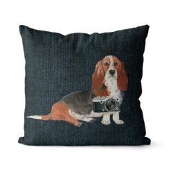 Basset Hound dog Inspired Denim Style Throw Pillow Cushion - Travel collection 17 Adventure is out there cushion Basset Hound Dark Denim front view