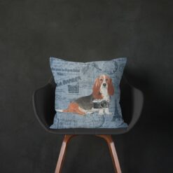Basset Hound dog Inspired Denim Style Throw Pillow Cushion - Travel collection 14 Adventure is out there cushion Basset Hound Faded Ephemera Denim black chair