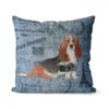 Basset Hound dog Inspired Denim Style Throw Pillow Cushion - Travel collection 2 Adventure is out there cushion Basset Hound Faded Ephemera Denim front view