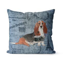 Basset Hound dog Inspired Denim Style Throw Pillow Cushion - Travel collection