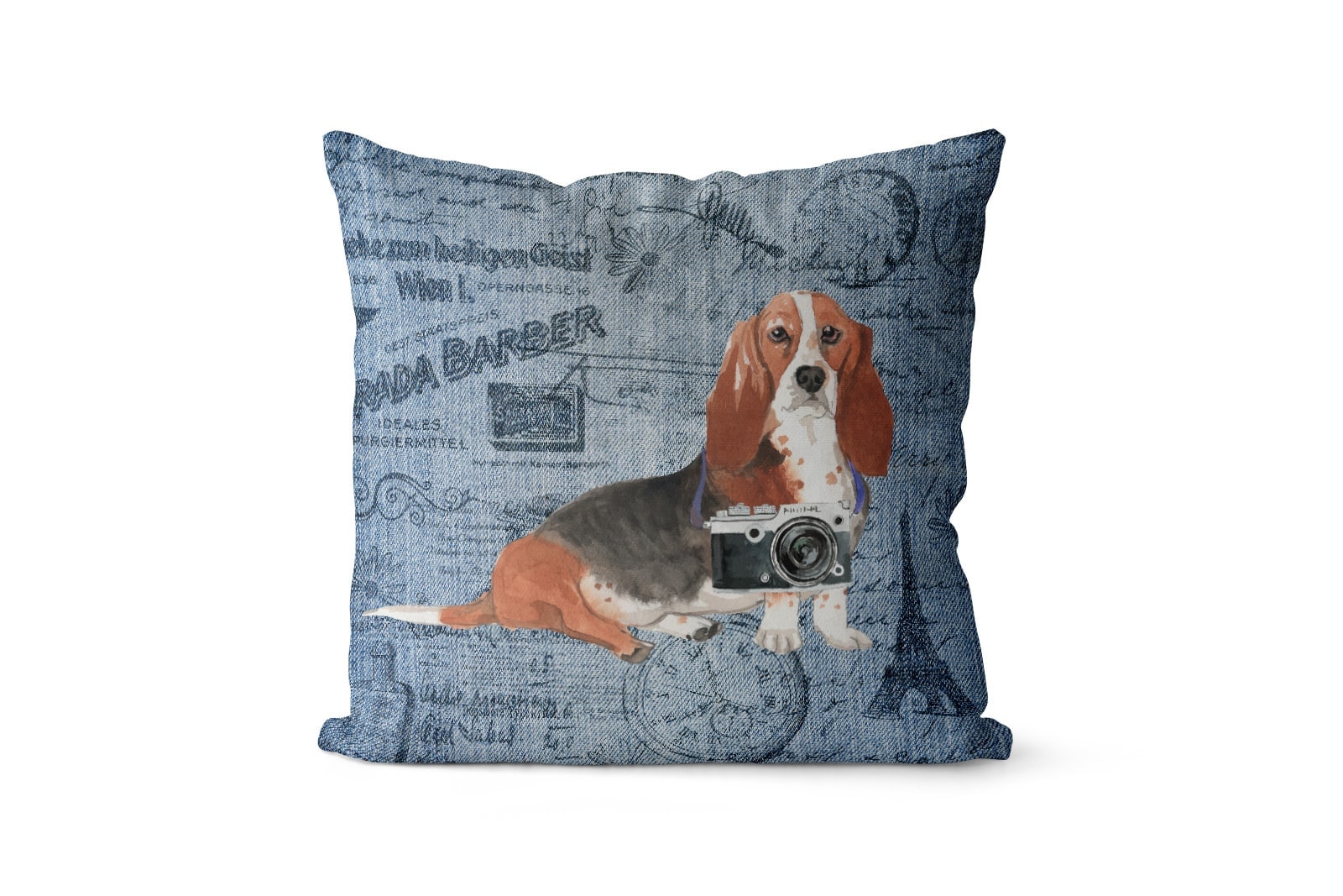 Basset Hound dog Inspired Denim Style Throw Pillow Cushion - Travel collection 2 Basset Hound dog Inspired Denim Style Throw Pillow Cushion - Travel collection