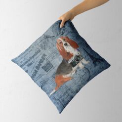 Basset Hound dog Inspired Denim Style Throw Pillow Cushion - Travel collection 13 Adventure is out there cushion Basset Hound Faded Ephemera Denim holding in hand