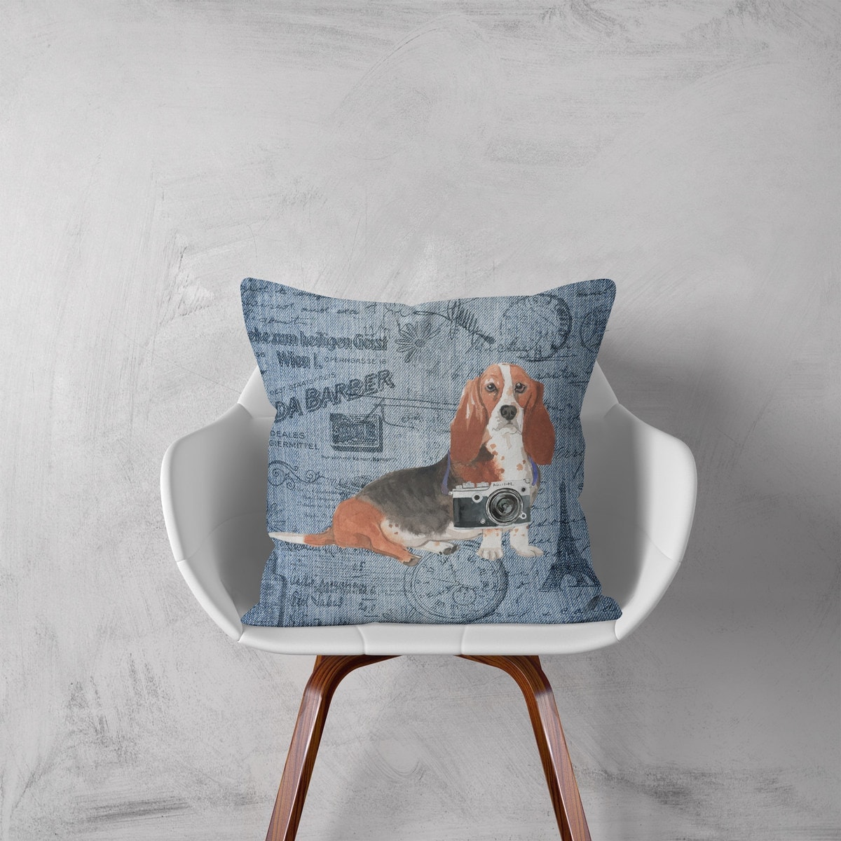 Basset Hound dog Inspired Denim Style Throw Pillow Cushion - Travel collection 3 Basset Hound dog Inspired Denim Style Throw Pillow Cushion - Travel collection - Image 2
