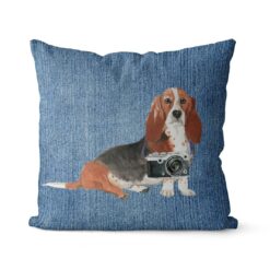 Basset Hound dog Inspired Denim Style Throw Pillow Cushion - Travel collection 16 Adventure is out there cushion Basset Hound Gently Faded Denim front view