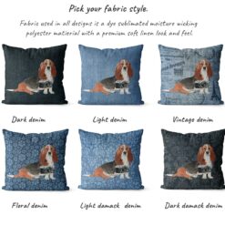 Basset Hound dog Inspired Denim Style Throw Pillow Cushion - Travel collection 15 Adventure is out there cushion Basset Hound variations