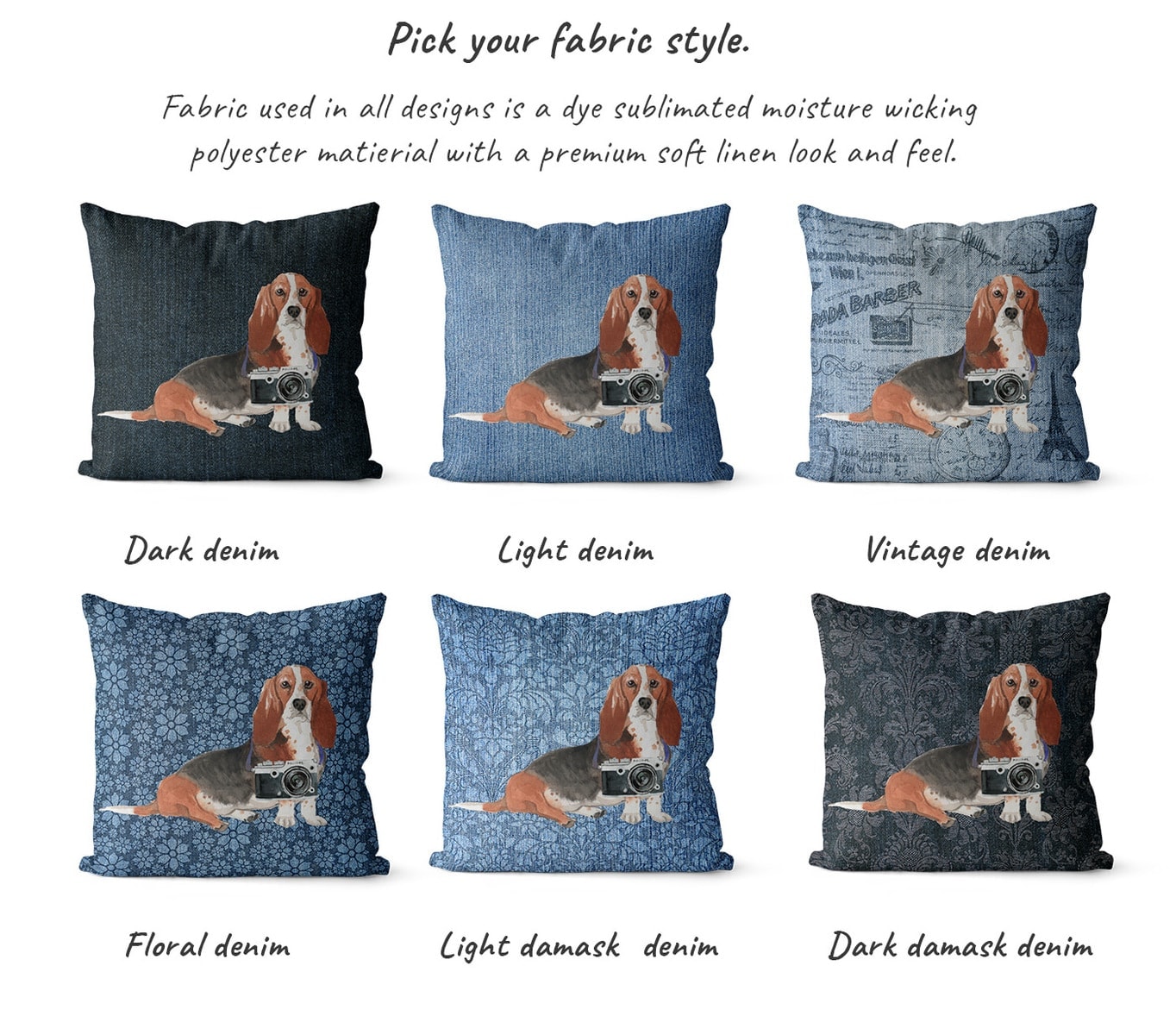 Basset Hound dog Inspired Denim Style Throw Pillow Cushion - Travel collection 6 Basset Hound dog Inspired Denim Style Throw Pillow Cushion - Travel collection - Image 5