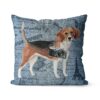 Beagle dog Inspired Denim Style Throw Pillow Cushion - Travel collection 2 Adventure is out there cushion Beagle Faded Ephemera Denim front view