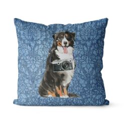 Bernese Mountain Dog dog Inspired Denim Style Throw Pillow Cushion - Travel collection 18 Adventure is out there cushion Bernese Mountain Dog Bleached Damask Denim front view