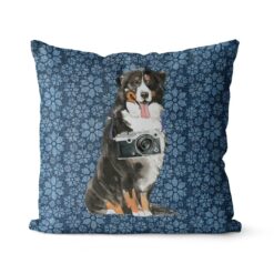Bernese Mountain Dog dog Inspired Denim Style Throw Pillow Cushion - Travel collection 17 Adventure is out there cushion Bernese Mountain Dog Daisy Denim front view