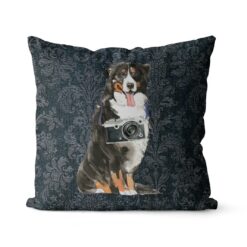 Bernese Mountain Dog dog Inspired Denim Style Throw Pillow Cushion - Travel collection 16 Adventure is out there cushion Bernese Mountain Dog Dark Damask Denim front view