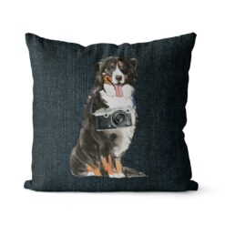 Bernese Mountain Dog dog Inspired Denim Style Throw Pillow Cushion - Travel collection 15 Adventure is out there cushion Bernese Mountain Dog Dark Denim front view