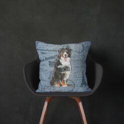 Bernese Mountain Dog dog Inspired Denim Style Throw Pillow Cushion - Travel collection 13 Adventure is out there cushion Bernese Mountain Dog Faded Ephemera Denim black chair