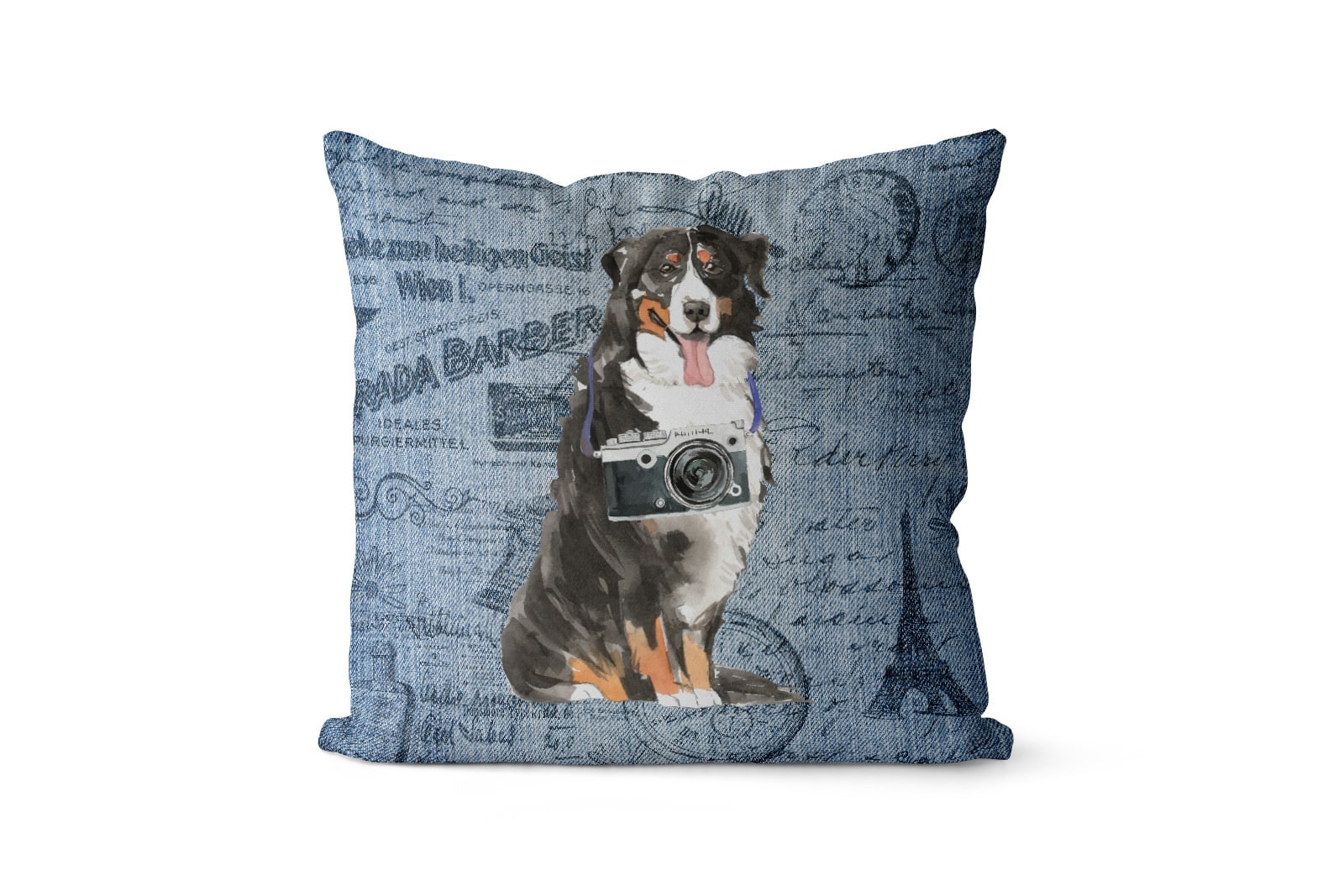 Bernese Mountain Dog dog Inspired Denim Style Throw Pillow Cushion - Travel collection 2 Bernese Mountain Dog dog Inspired Denim Style Throw Pillow Cushion - Travel collection