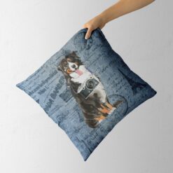 Bernese Mountain Dog dog Inspired Denim Style Throw Pillow Cushion - Travel collection 12 Adventure is out there cushion Bernese Mountain Dog Faded Ephemera Denim holding in hand