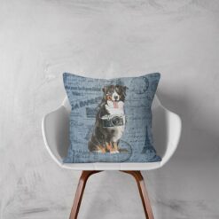 Bernese Mountain Dog dog Inspired Denim Style Throw Pillow Cushion - Travel collection 11 Adventure is out there cushion Bernese Mountain Dog Faded Ephemera Denim white chair
