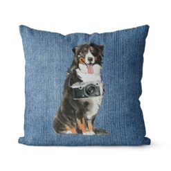 Bernese Mountain Dog dog Inspired Denim Style Throw Pillow Cushion - Travel collection 14 Adventure is out there cushion Bernese Mountain Dog Gently Faded Denim front view