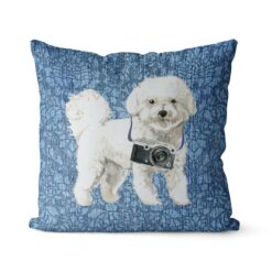 Bichon Frise dog Inspired Denim Style Throw Pillow Cushion - Travel collection 20 Adventure is out there cushion Bichon Frise Bleached Damask Denim front view