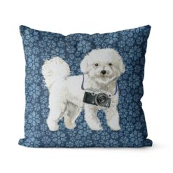 Bichon Frise dog Inspired Denim Style Throw Pillow Cushion - Travel collection 19 Adventure is out there cushion Bichon Frise Daisy Denim front view