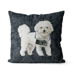 Bichon Frise dog Inspired Denim Style Throw Pillow Cushion - Travel collection 18 Adventure is out there cushion Bichon Frise Dark Damask Denim front view