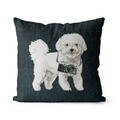 Bichon Frise dog Inspired Denim Style Throw Pillow Cushion - Travel collection 17 Adventure is out there cushion Bichon Frise Dark Denim front view