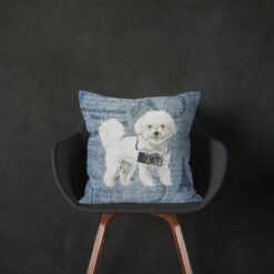 Bichon Frise dog Inspired Denim Style Throw Pillow Cushion - Travel collection 14 Adventure is out there cushion Bichon Frise Faded Ephemera Denim black chair