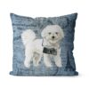 Bichon Frise dog Inspired Denim Style Throw Pillow Cushion - Travel collection 2 Adventure is out there cushion Bichon Frise Faded Ephemera Denim front view